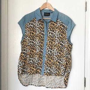 MINKPINK Leopard Print Denim Sleeveless Top